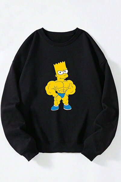 Anetos Sweatshirt unisex negru din bumbac cu guler rotund Kaslı Simson