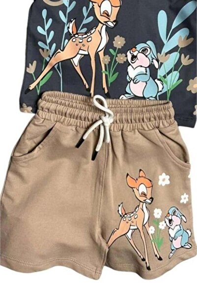 Riccotarz Girl's Gazelle and Rabbit Figured Beige Shorts Set