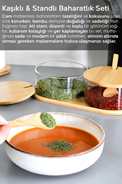 Meleni Home Set of 2 Glass Spice Shakers with Bamboo Lids - Salt Shaker Pepper Shaker Spice Set with Bamboo Spoon Stand 280 ml