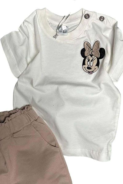 Riccotarz Baby Girl Duck Embroidered Lettering Detailed Brown Shorts Suit