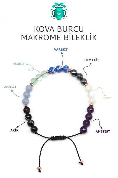 Alibaba Doğaltaş Kova Burcu Taşlarından Oluşan Doğal Taş Makrome Bileklik 6 mm Küre Kesim - Burç Bilekliği