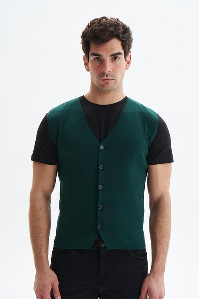 Arma Ανδρικό πλεκτό γιλέκο πράσινο Slim Fit 100% Cotton Pima Cotton – Κουμπί, λαιμόκοψη V, Basic Style K9kro0853