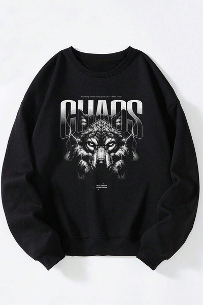 Anetos Chaos Unisex Negru Guler Rotund Bumbac Hanorac