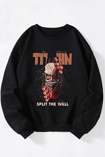 Anetos Titan Split The Wall Unisex Sweatshirt Negru cu Guler Rotund din Bumbac