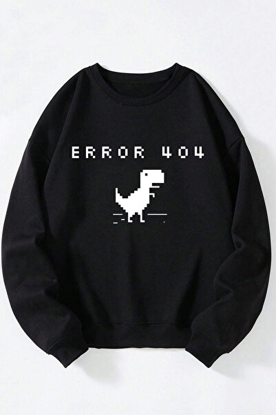 Anetos Error 404 Dino Unisex Negru Guler Rotund Bumbac Sweatshirt