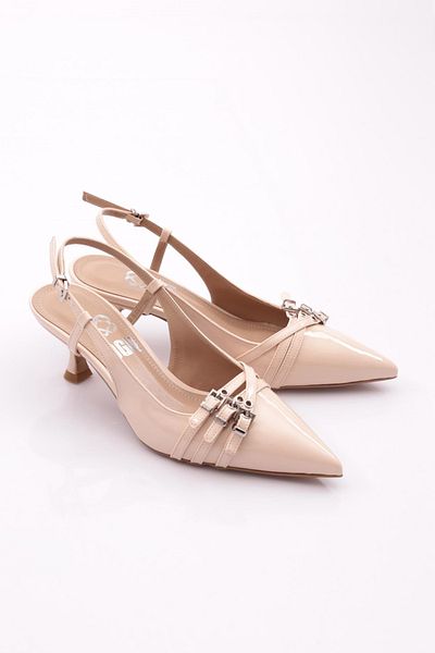 DGN Pantofi de seara cu toc cu centura de dama din piele lacuita bej 7962535