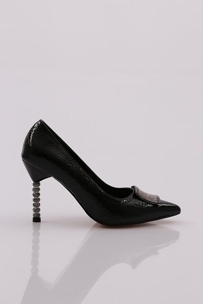 DGN Black Snake Patterned Women's Heeled Shoes with Square Buckle - 10282621