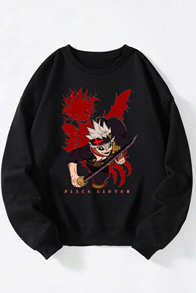 Anetos Black Clover unisex negru guler rotund bumbac sweatshirt