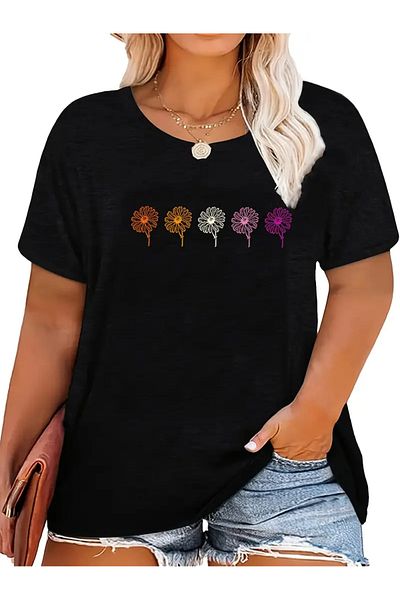 Machetta Plus Size Women's Colorful Flowers Printed Oversize T-Shirt