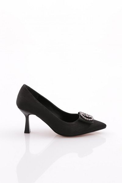 DGN Women's Silver Stone Pointed Toe Buckle Heeled Shoes Black 2992621