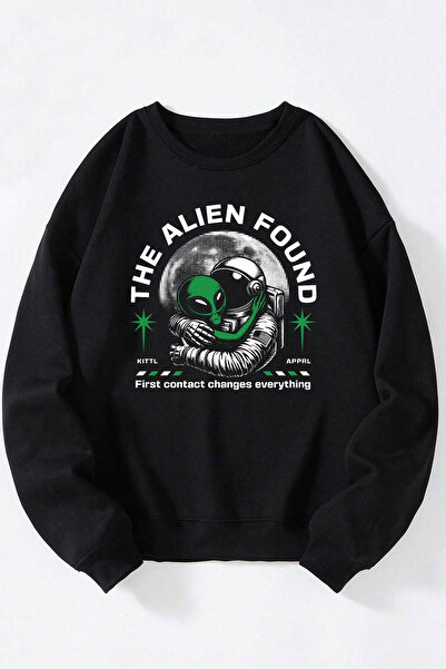 Anetos The Alien Found Unisex Negru Guler Rotund Pulover din Bumbac
