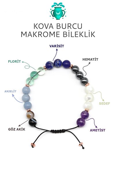 Alibaba Doğaltaş Kova Burcu Taşlarından Oluşan Doğal Taş Makrome Bileklik 8 mm Küre Kesim - Burç Bilekliği