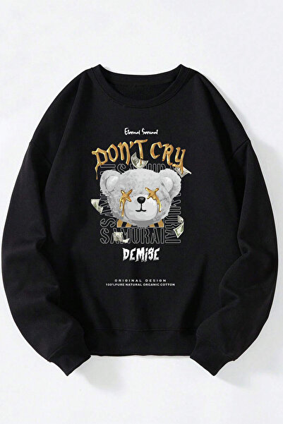 Anetos Донт Край Беър Унисекс Черна Памучна Блуза с Кръгла Яка