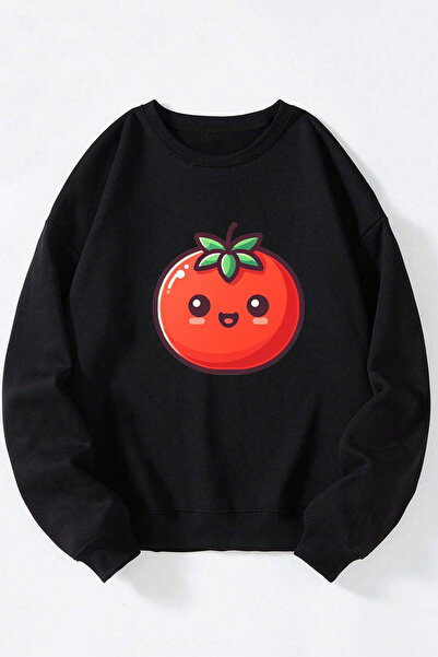 Anetos Drăguț Tomato unisex negru guler rotund bumbac Swea tricou