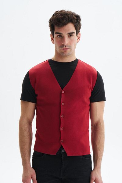 Arma Men's Red Slim Fit Knitwear Vest 100% Cotton Pima Cotton – Buttoned, V-Neck, Basic Style K9Kro0853