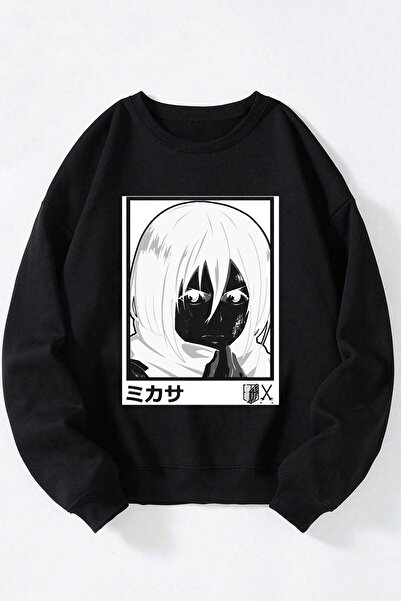 Anetos Attack on Titan Mikasa Unisex Negru Guler Rotund Bumbac Sweatshirt