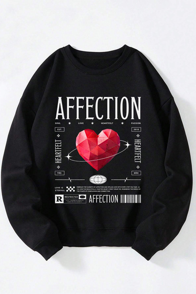 Anetos Affectıon Heart Unisex Negru Guler Rotund Bumbac Sweatshirt