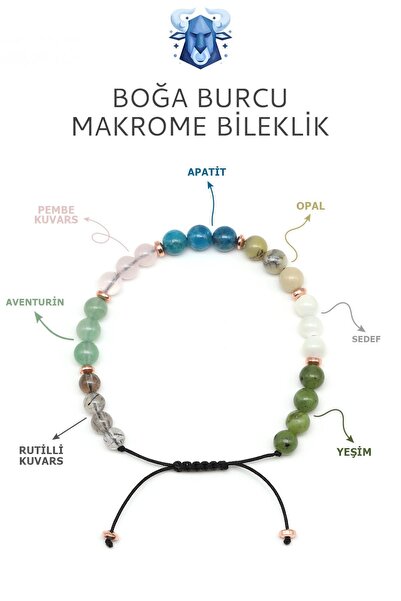 Alibaba Doğaltaş Boğa Burcu Taşlarından Oluşan Doğal Taş Makrome Bileklik 6 m...