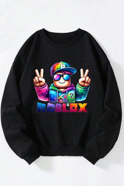 Anetos Roblox Reinbow Unisex Sweatshirt negru cu guler rotund din bumbac