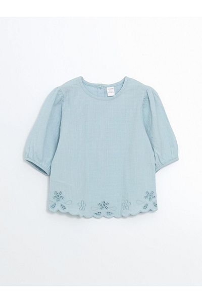 LC Waikiki Cămașă pentru fetiță, albastră, cu decolteu, brodat LCW Kids
