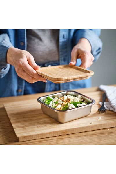 erorex Food container with lid, square stainless steel/bamboo, 600 ml