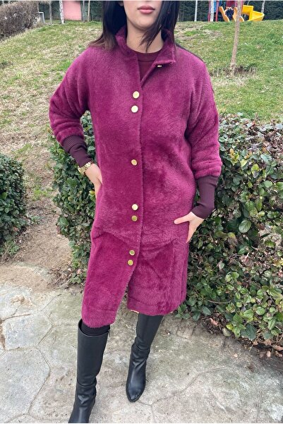 Safgiyim44 Cherry Color Women's Plush Soft 3 Thread Double Buttoned Hijab Cardigan