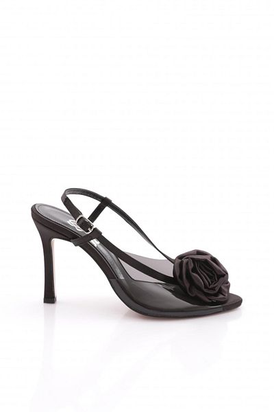 DGN Pantofi cu toc cu cataramă laterală cu trandafiri de damă din satin negru 7868535