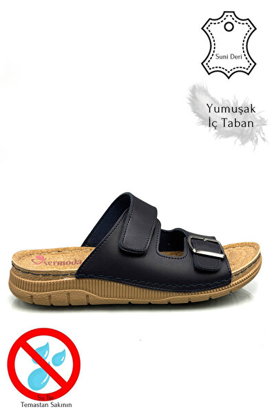 Moda Anna Чоловічі тапочки з подвійною стрічкою на липучці та застібкою, з легкою підошвою, зі штучної шкіри, синього кольору