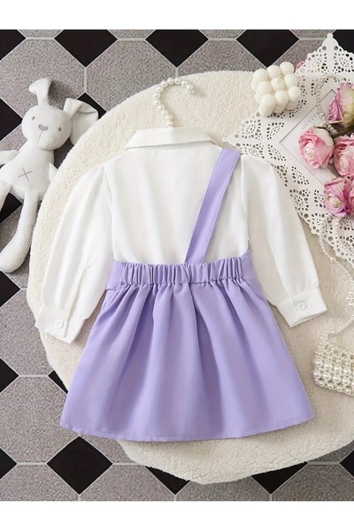 Modakido *İkili Kombin*3 Boyutlu Çiçek/Tavşan Süslenmiş Yeşil Elbise/Mor ve Beyaz Gömlek.Kız Çocuk/Kız Bebek