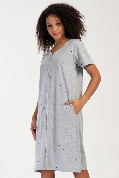VİENETTA Rochie de acasă pentru femei cu mânecă scurtă, cu fermoar, gri Melange C7T4N1O804