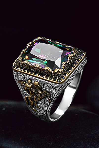 OSMANLI GÜMÜŞ Erkek Gümüş Yüzük - Mistik Topaz Taşı Yanı At İşlemeli Kare Mod...