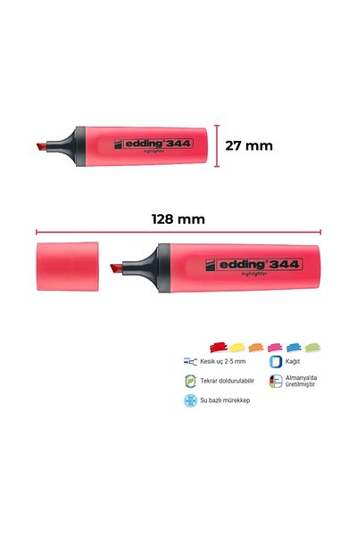 Edding |   Highlighter E-344, Red (Pomegranate Flower), 2-5 mm Cut Tip, Water Based Ink, Refillable
