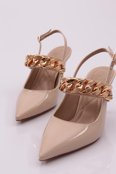DGN Kadın Aksesuarlı Bantlı Topuklu Ayakkabı Bej Rugan 7163414