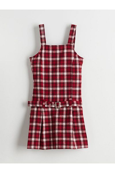 LC Waikiki Lcw Kids Red Square Collar Plaid Girls Salopet Dress