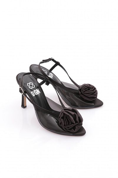 DGN Pantofi cu toc cu cataramă laterală cu trandafiri de damă din satin negru 7868535