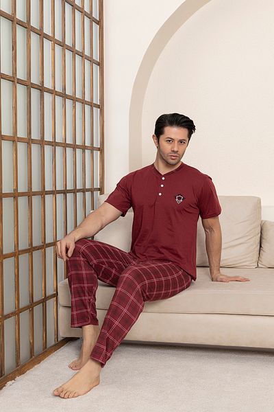 Moon Line Men's Combed Cotton Burgundy Plaid Short Sleeve Pajamas Set