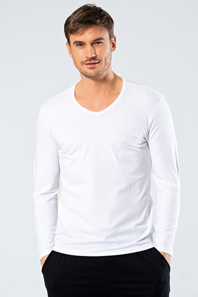 Cacharel 1334 Чоловіча футболка з довгим рукавом з V-подібним вирізом - білий