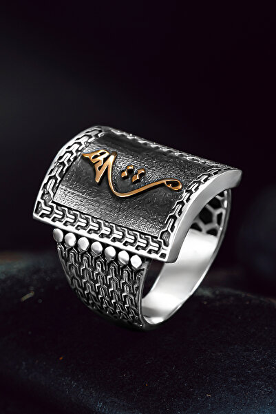 OSMANLI GÜMÜŞ Erkek Gümüş Yüzük - Kalemkar Hiç Yazılı Kare Yanı İşlemeli Erke...