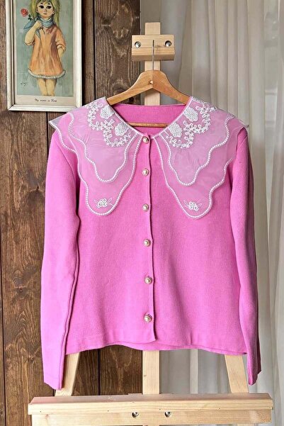 Ceylan Otantik Pink Knitwear Cardigan with Lace Collar