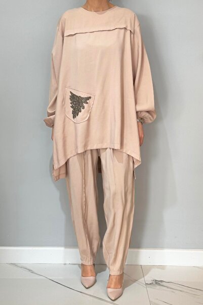 REMSA Beige Tunic Trousers Suit - Stoneподробно Detalı