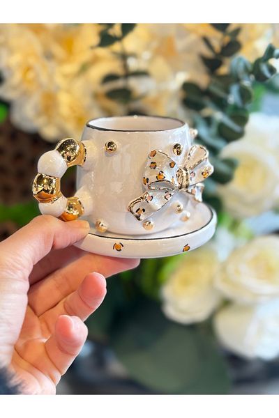 Pernotte Handmade 24K Gold Plated Hand Ceramic Ribbon Turkish Coffee Cup