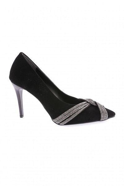 DGN Pantofi de rochie de seară cu bandă cu piatră argintie pentru femei, catifea neagră