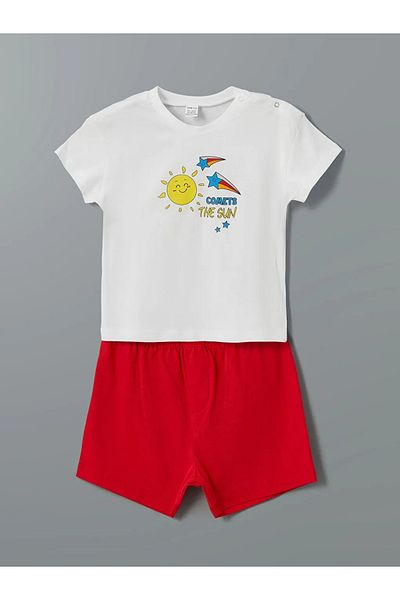 LC Waikiki Lcw Eco White Crew Neck Printed Baby Boy T-Shirt and Shorts 2-Piece
