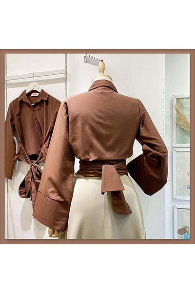 Faya Boutique кафява риза от поплин с колан