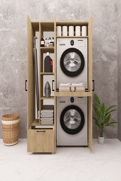 DEMİRBAL MOBİLYA MDF ÇAMAŞIR MAKİNESİ KURUTMA MAKİNESİ DOLABI ÜTÜ MASALI KAPAKLI