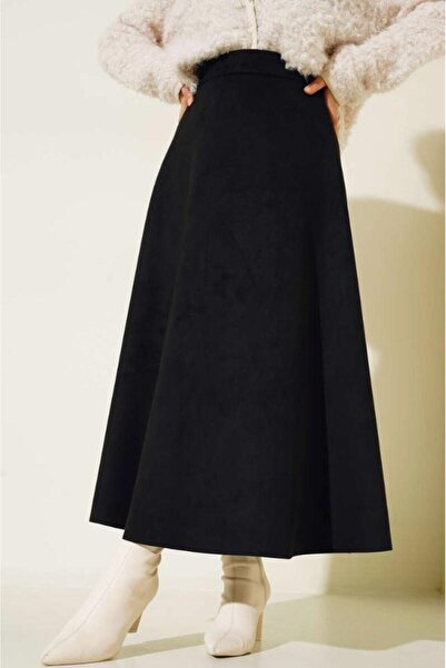 Genel Markalar Kadın Siyah Yüksek Bel Süet Mevlana Etek