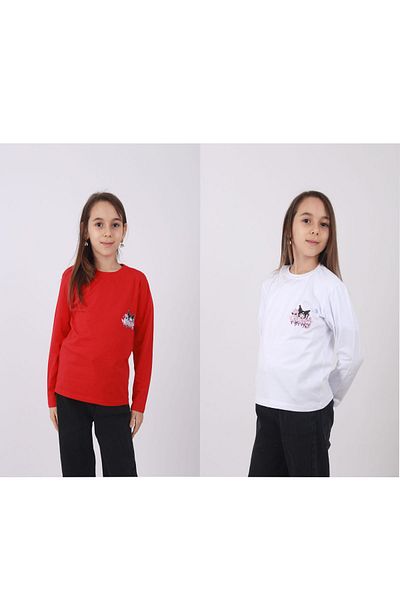 Çiggo Kids Комплект от 2 памучни суитшърта с щампа Kuromi и кръгло деколте за момичета