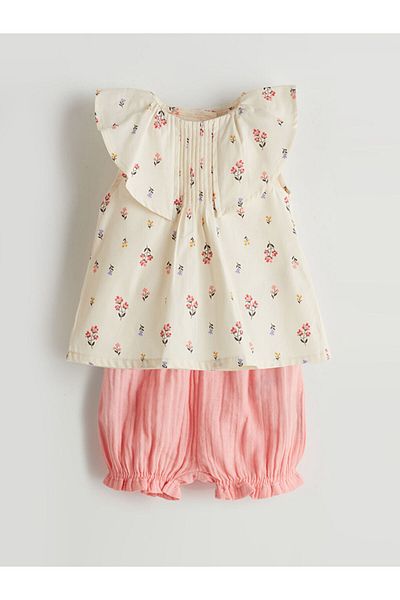 LC Waikiki Lcw Baby Ecru Crew Neck Floral Baby Girl Blouse and Shorts 2Pcs