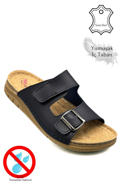 Moda Anna Чоловічі тапочки з подвійною стрічкою на липучці та застібкою, з легкою підошвою, зі штучної шкіри, синього кольору