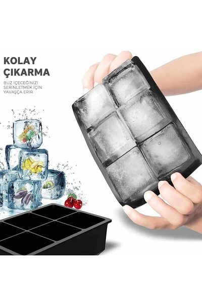ÇELİK GRUP 6 Compartment Large Size Silicone Ice Mold - 6 Pieces Black Silicone Square Ice Tray Cocktail Presentation Ice Mold